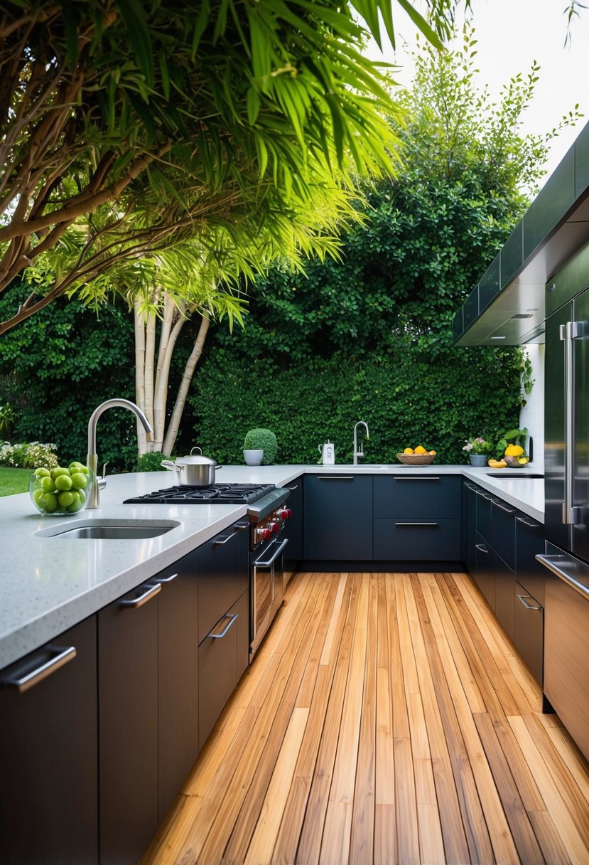 A sleek, modern outdoor kitchen with bamboo flooring, surrounded by lush greenery and equipped with contemporary appliances