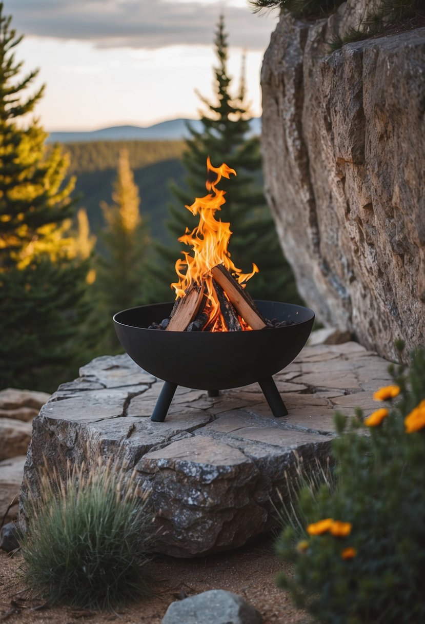 A rugged rock ledge with a fire pit surrounded by natural elements