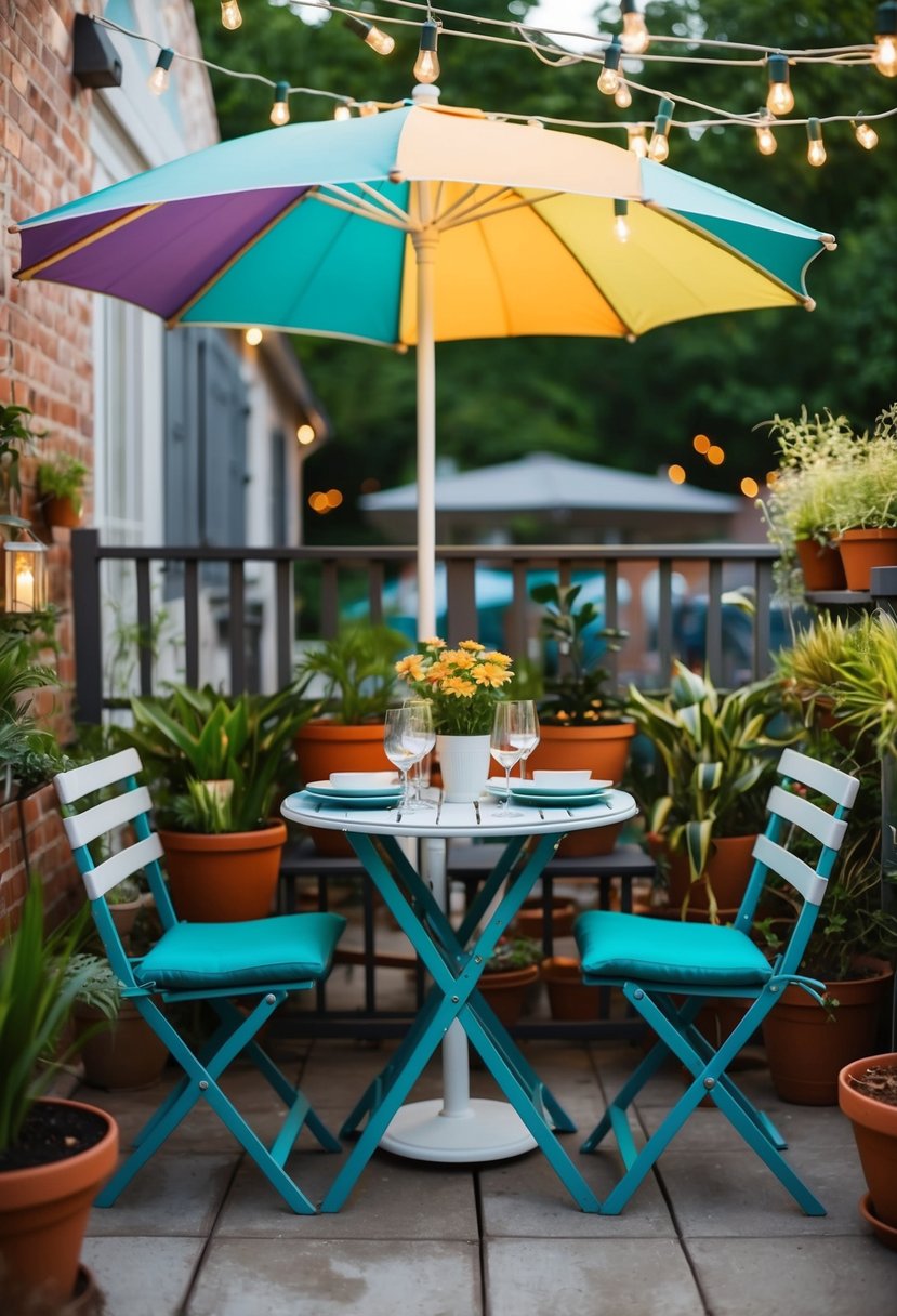 A cozy bistro set on a patio, surrounded by potted plants and string lights, with a colorful umbrella providing shade