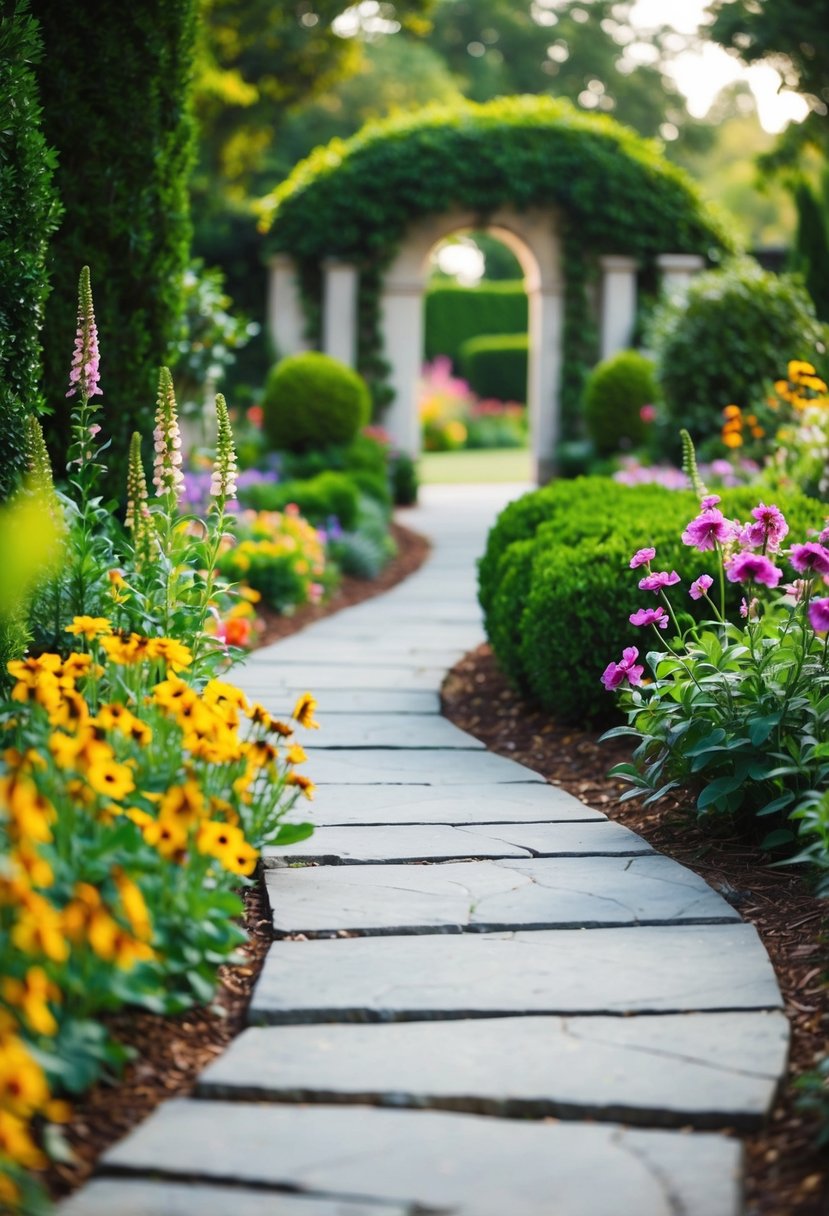 A winding stone pathway leads to a garden entrance, flanked by lush greenery and colorful flowers, creating a serene and inviting atmosphere