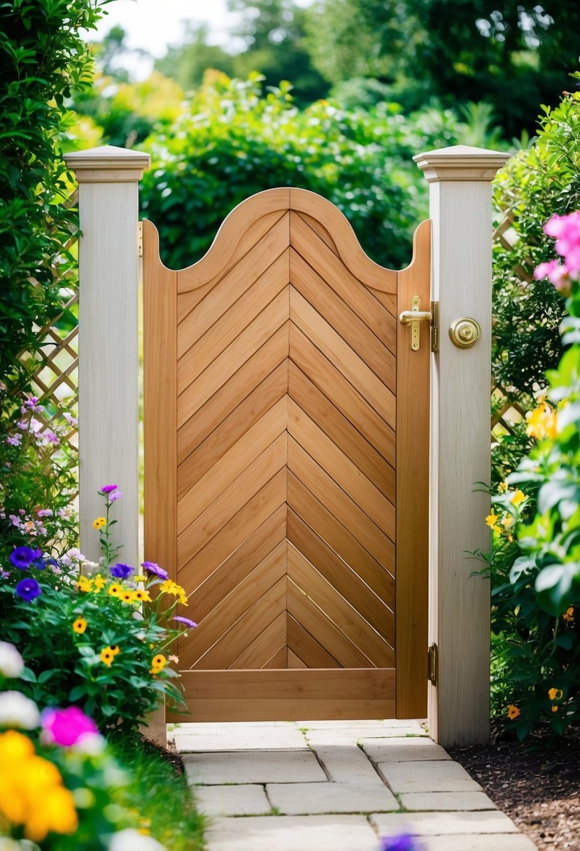 A chevron wood gate stands within a garden, surrounded by lush greenery and colorful flowers