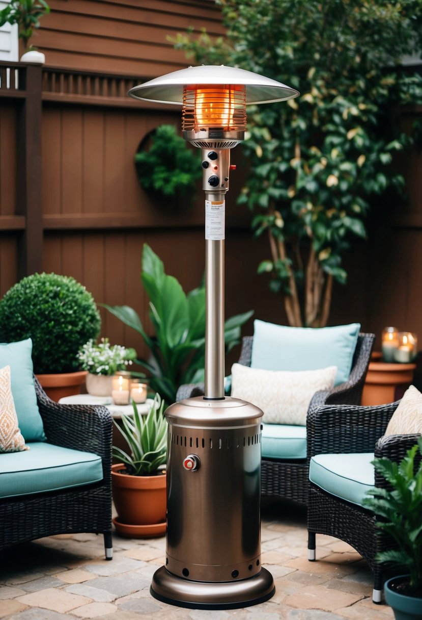 A cozy patio with a stylish heater surrounded by potted plants and comfortable outdoor furniture