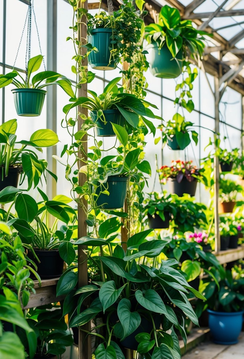 A lush greenhouse filled with various Pothos varieties, cascading from hanging planters and climbing up trellises. Sunlight filters through the glass, illuminating the vibrant green leaves