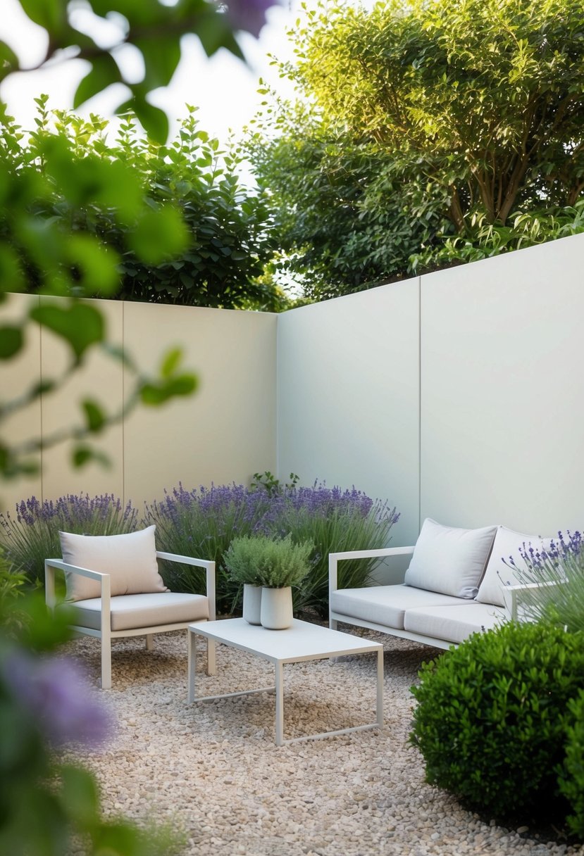 A serene garden with clean lines, simple furniture, and touches of lavender amidst greenery