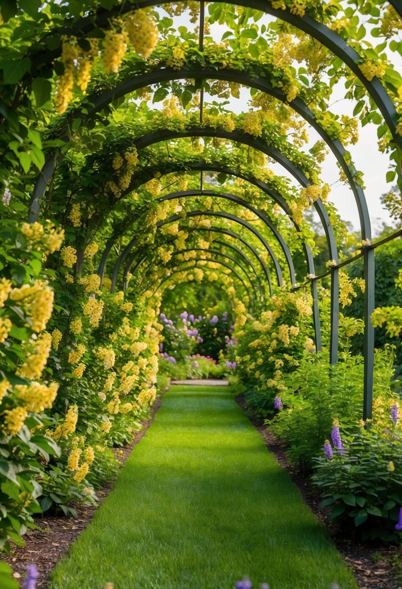 A lush garden with vibrant honeysuckle vines climbing over 32 arches, creating a beautiful and fragrant tunnel of flowers