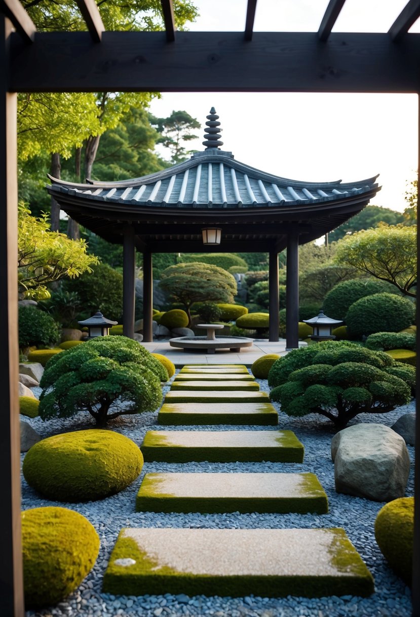 A serene Japanese Zen garden with a pergola surrounded by carefully raked gravel, moss-covered stones, and trimmed shrubs