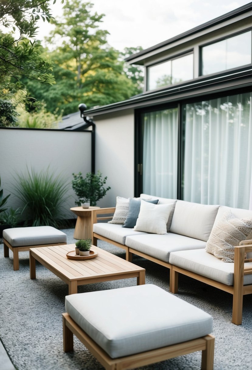 A serene Japandi patio with minimal furniture, natural materials, and a blend of Japanese and Scandinavian design elements