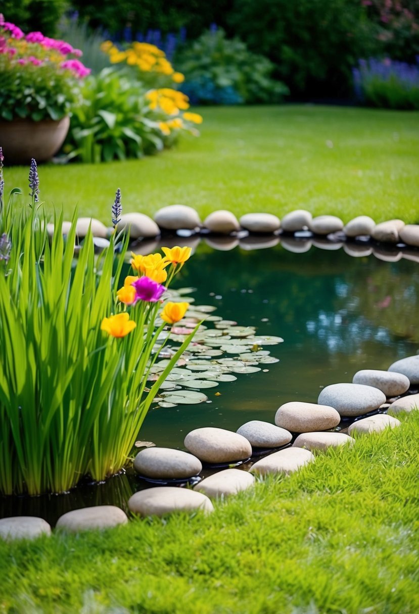 A serene garden pond surrounded by lush, no-mow grass, with colorful flowers and stones lining the water's edge