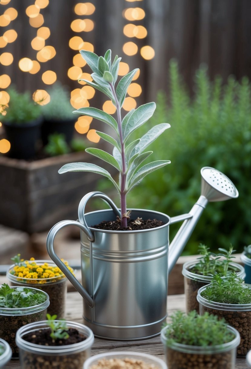 Sage sprouting from a tin watering can surrounded by 31 containers of various herbs