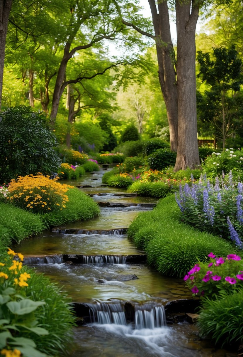 A meandering creek winds through a lush woodland garden, with vibrant flowers and towering trees creating a serene and picturesque scene