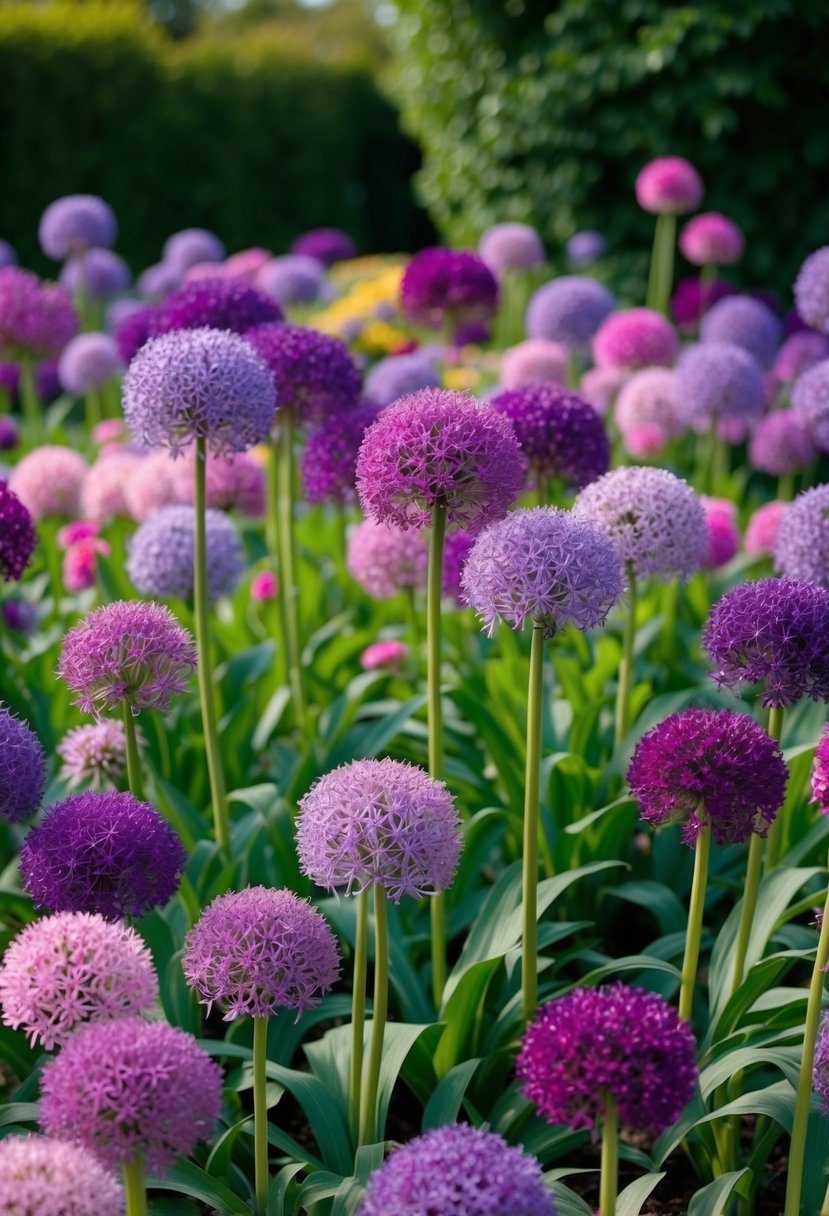 A lush garden filled with blooming allium flowers in various shades of purple, creating a vibrant and colorful display
