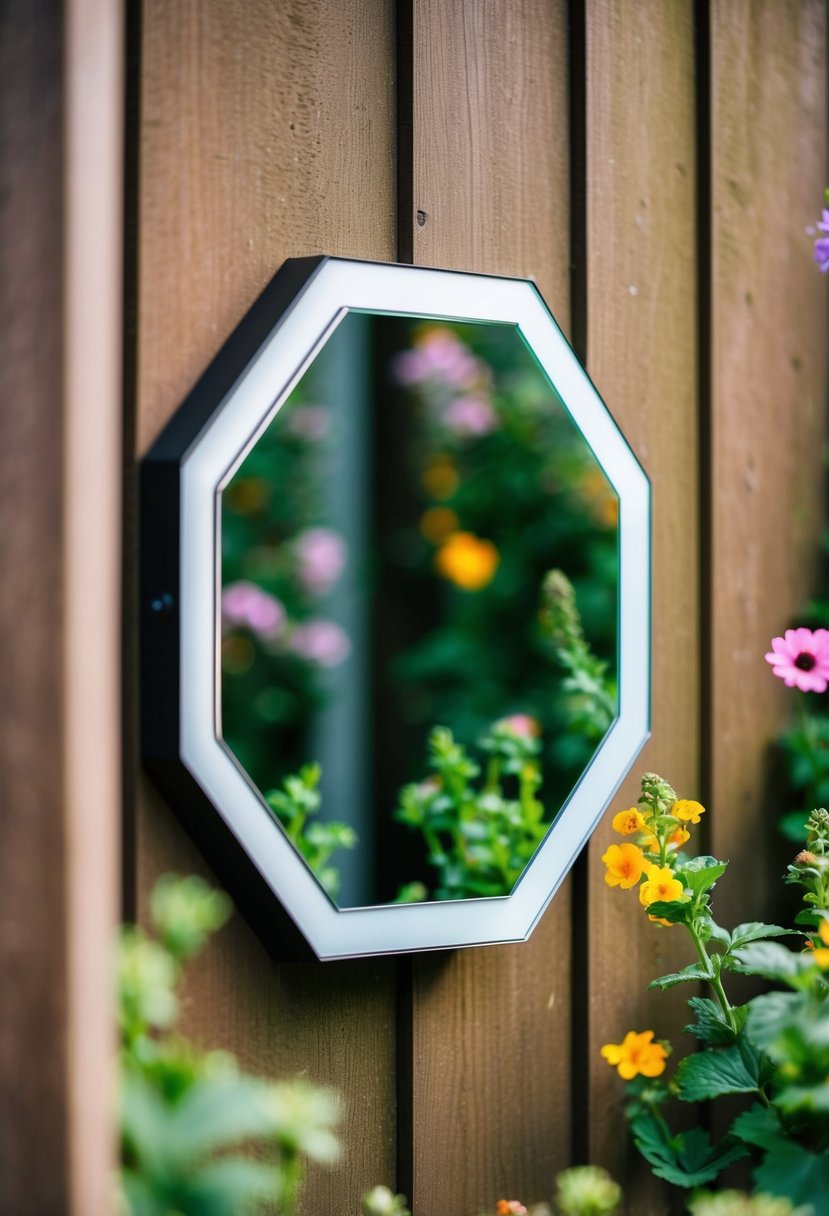 A hexagon reflective panel mounted on a garden wall, reflecting the surrounding greenery and flowers