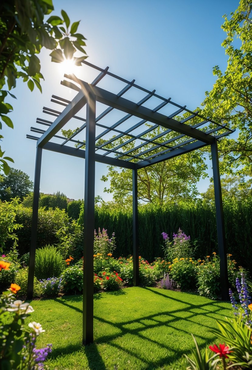 A geometric metal pergola stands in a lush garden, surrounded by colorful flowers and greenery. The sun casts intricate shadows across the structure, creating a peaceful and inviting atmosphere