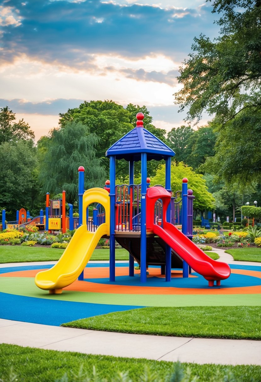 A colorful playground sits in the center of Brightwood Park, surrounded by 30 lush gardens, creating a vibrant and playful atmosphere for children