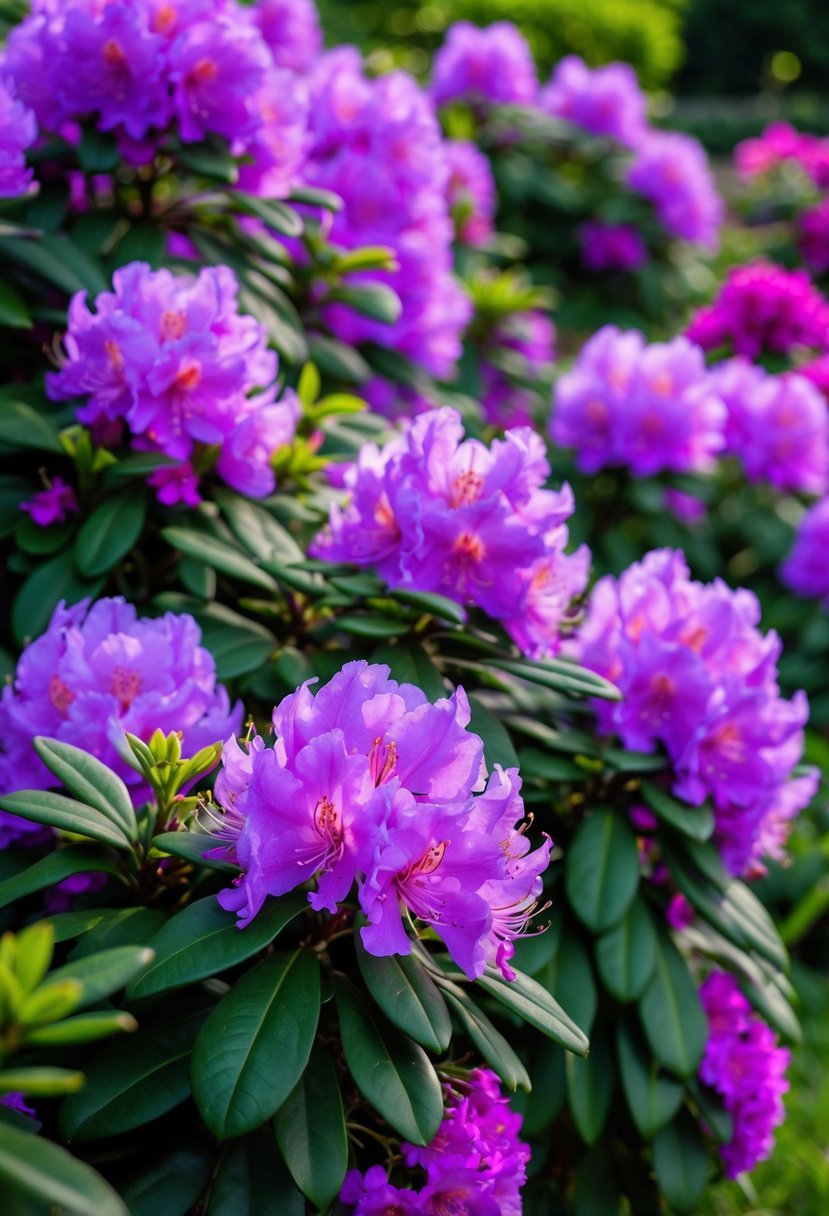 A lush garden filled with vibrant purple rhododendrons and azaleas in full bloom