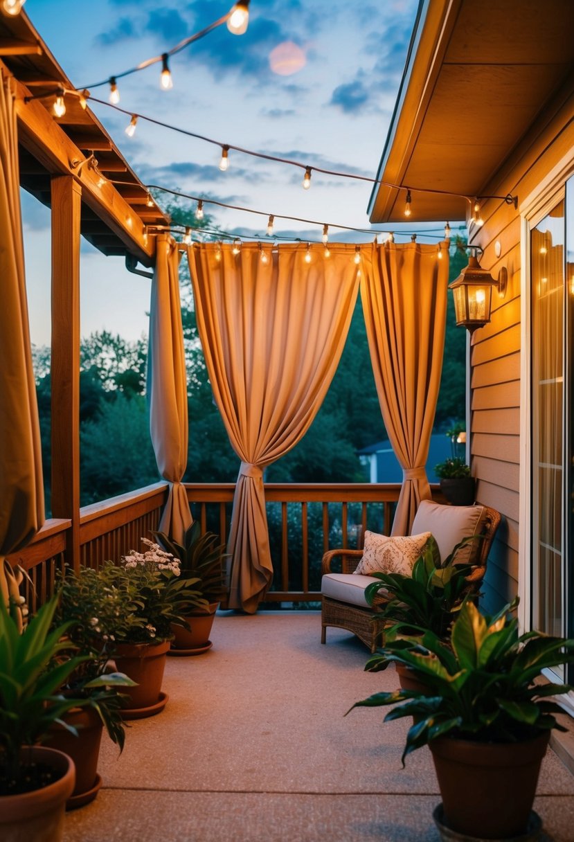 A cozy patio with flowing outdoor curtains, surrounded by potted plants and warm ambient lighting