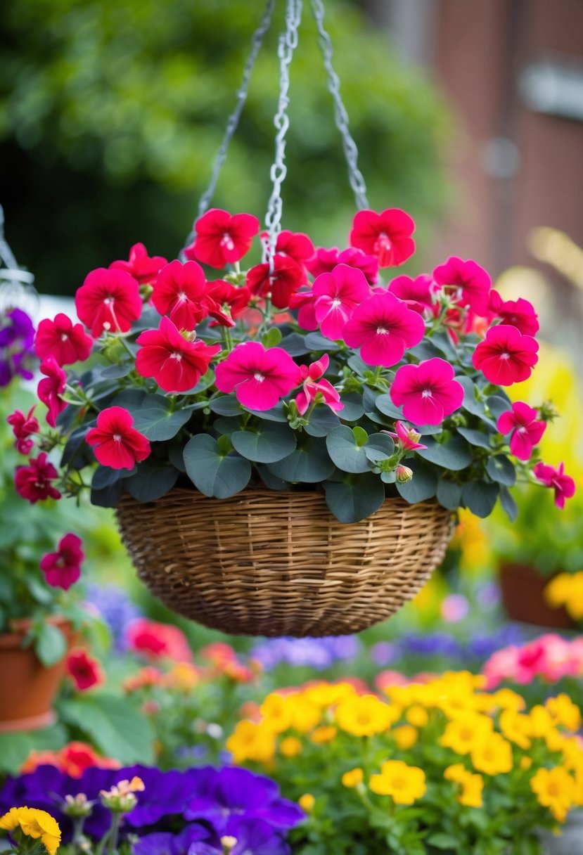 A hanging basket filled with vibrant Scarborough Fair Scented Geraniums swaying gently in the breeze, surrounded by other colorful plants and flowers