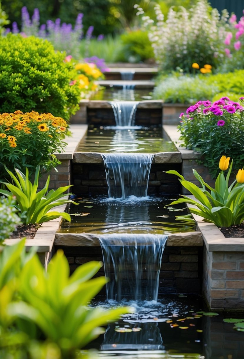 Water cascades down tiers in a serene garden pond, surrounded by lush greenery and colorful flowers