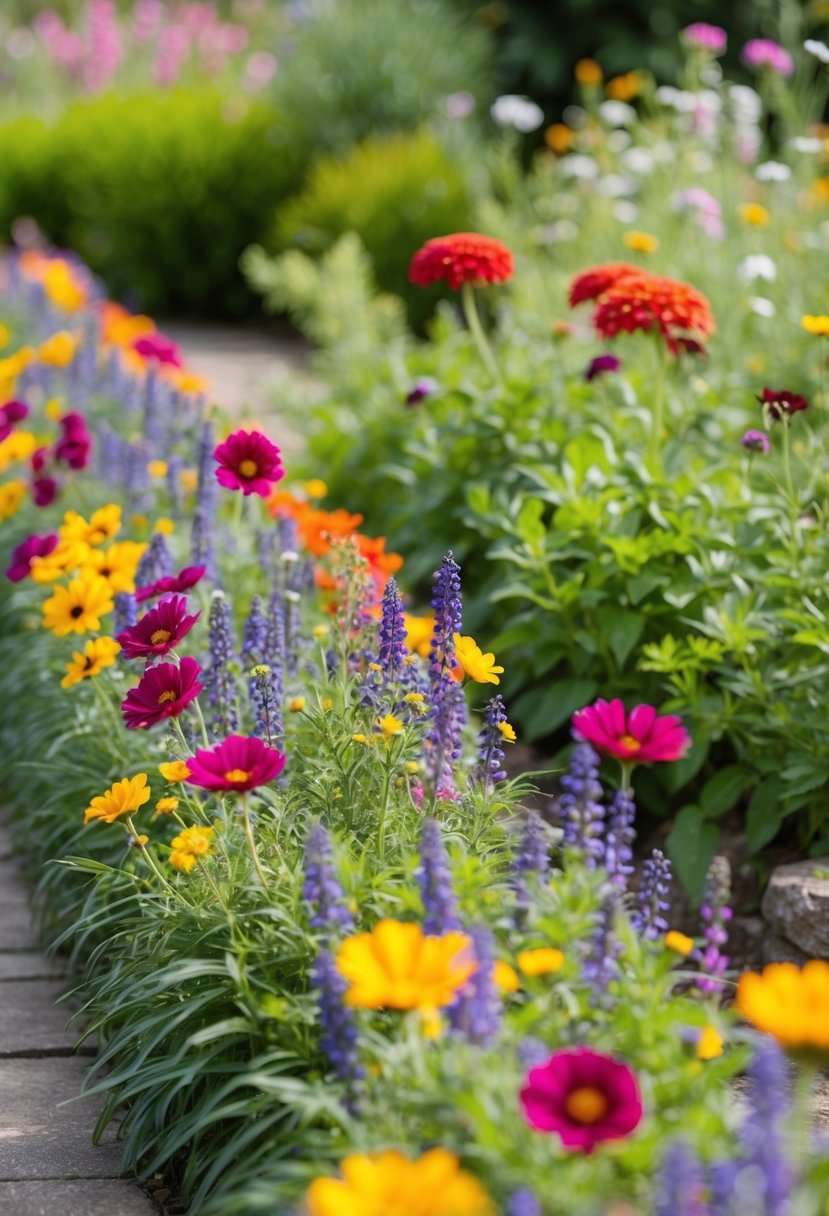 A colorful border of wildflowers lines the entrance to a garden, creating a vibrant and inviting scene