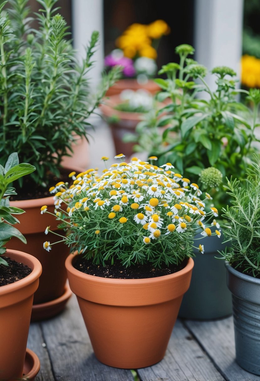 A terracotta pot holds a lush chamomile plant, surrounded by other herbs in containers