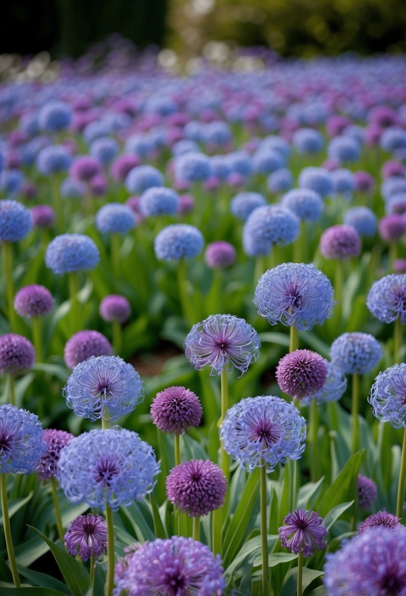 A sprawling garden filled with vibrant azure allium flowers in full bloom