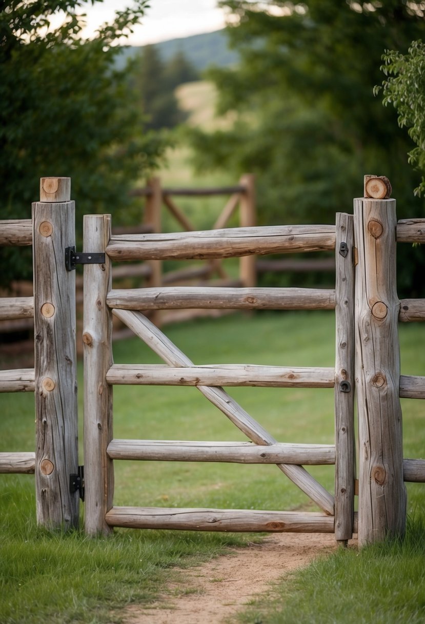 A rustic log gate stands at the entrance to a ranch-style garden