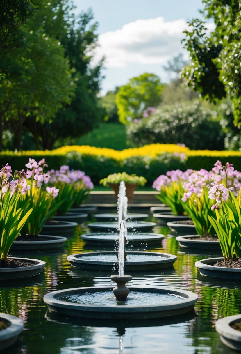 A serene garden with 32 ponds, each adorned with a blossoming flower fountain, creating a tranquil and enchanting atmosphere
