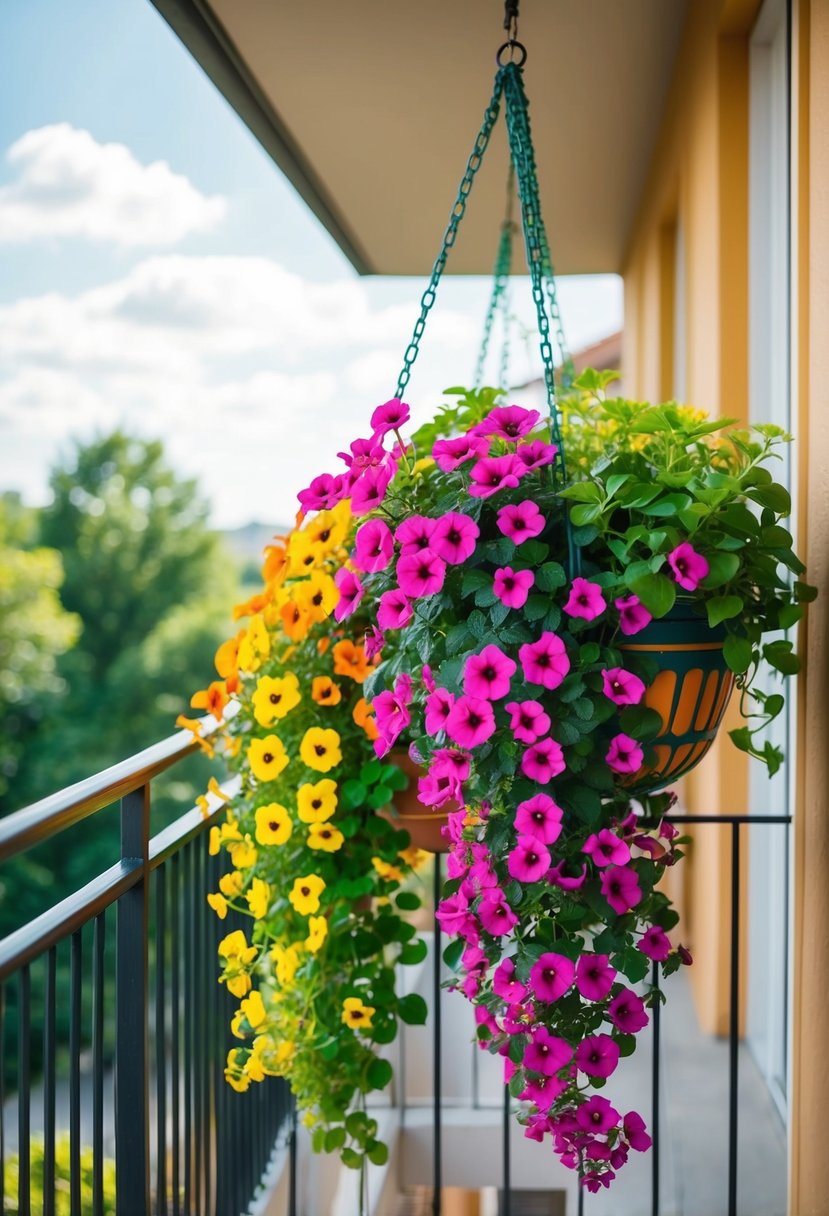 A colorful array of Diascia 26 hanging basket plants cascading from a sunny balcony railing