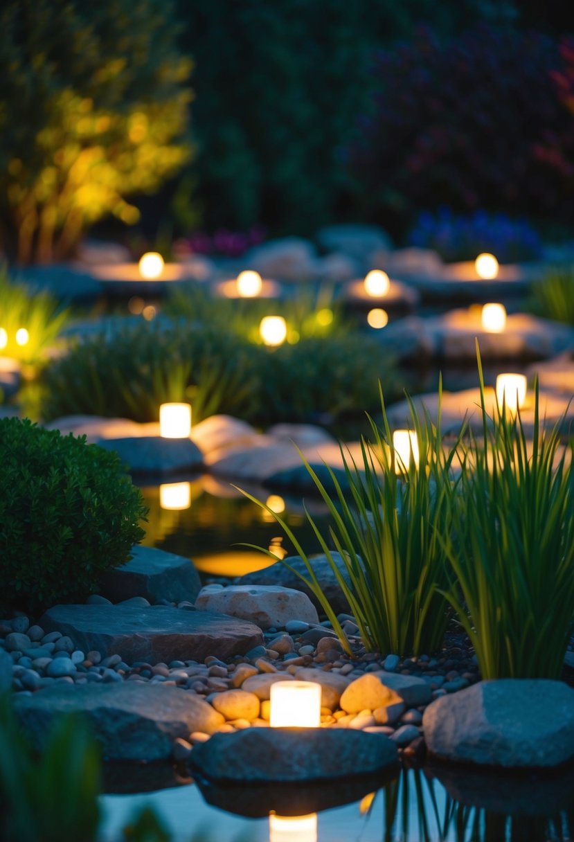 25 garden ponds glow under ambient rock lights at night