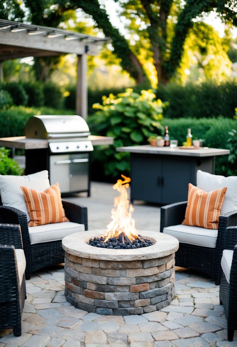 A stone fire pit surrounded by cozy outdoor seating, with a nearby BBQ area and lush greenery