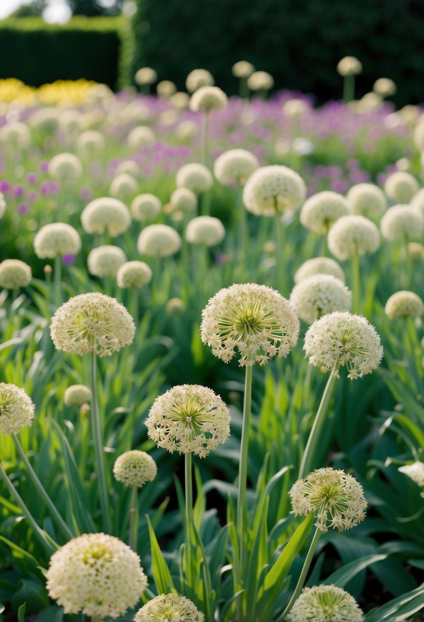 A peaceful garden filled with nodding allium flowers, swaying gently in the breeze