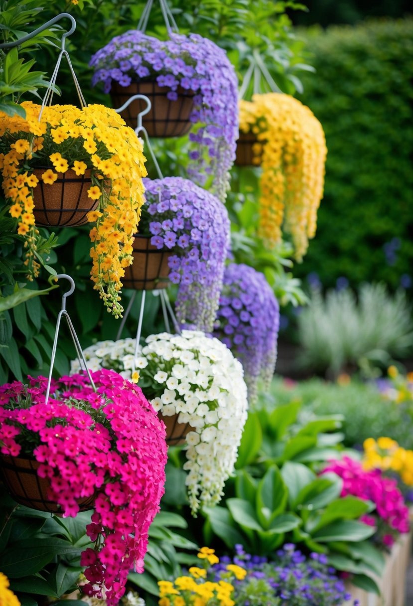 A colorful array of sweet alyssum hanging baskets, cascading from hooks, surrounded by lush green foliage in a garden setting