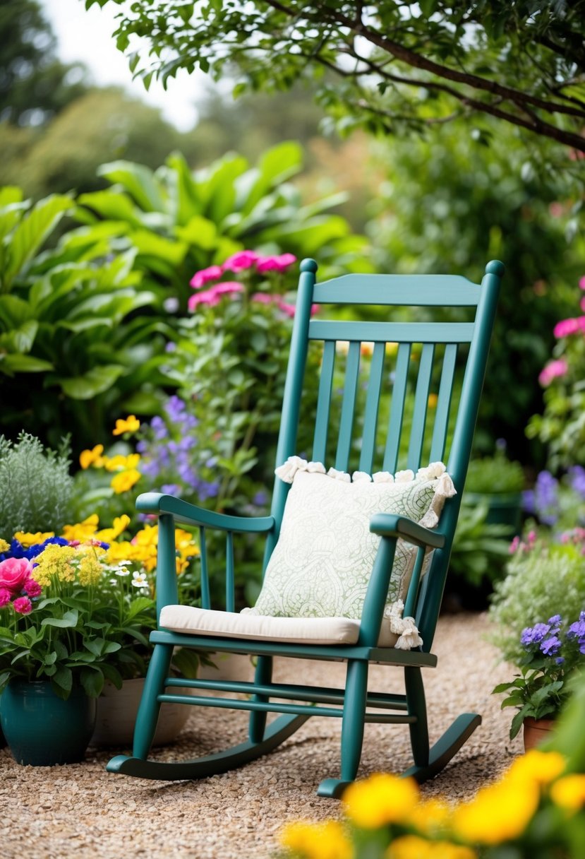 A cozy garden rocking chair surrounded by lush greenery and colorful flowers, with a peaceful and inviting atmosphere