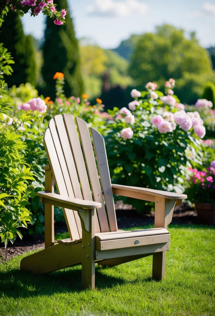 An Adirondack chair sits in a lush garden, surrounded by blooming flowers and greenery. The chair is positioned to take in the scenic view