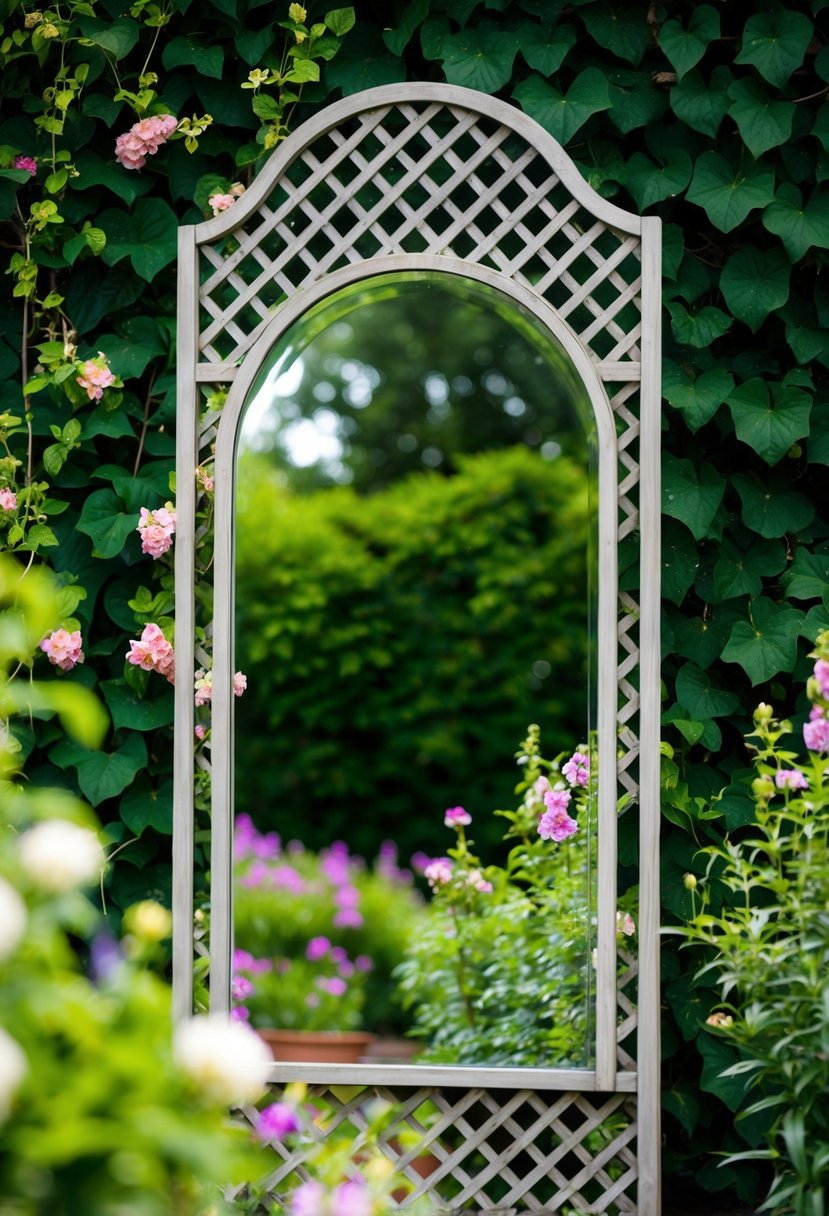 A garden trellis mirror reflects a lush greenery backdrop with blooming flowers and climbing vines
