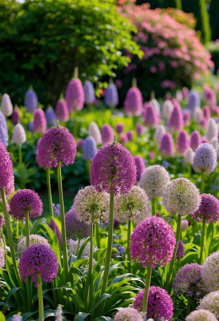 A lush garden filled with vibrant Allium flowers in full bloom, creating a mesmerizing and enchanting display