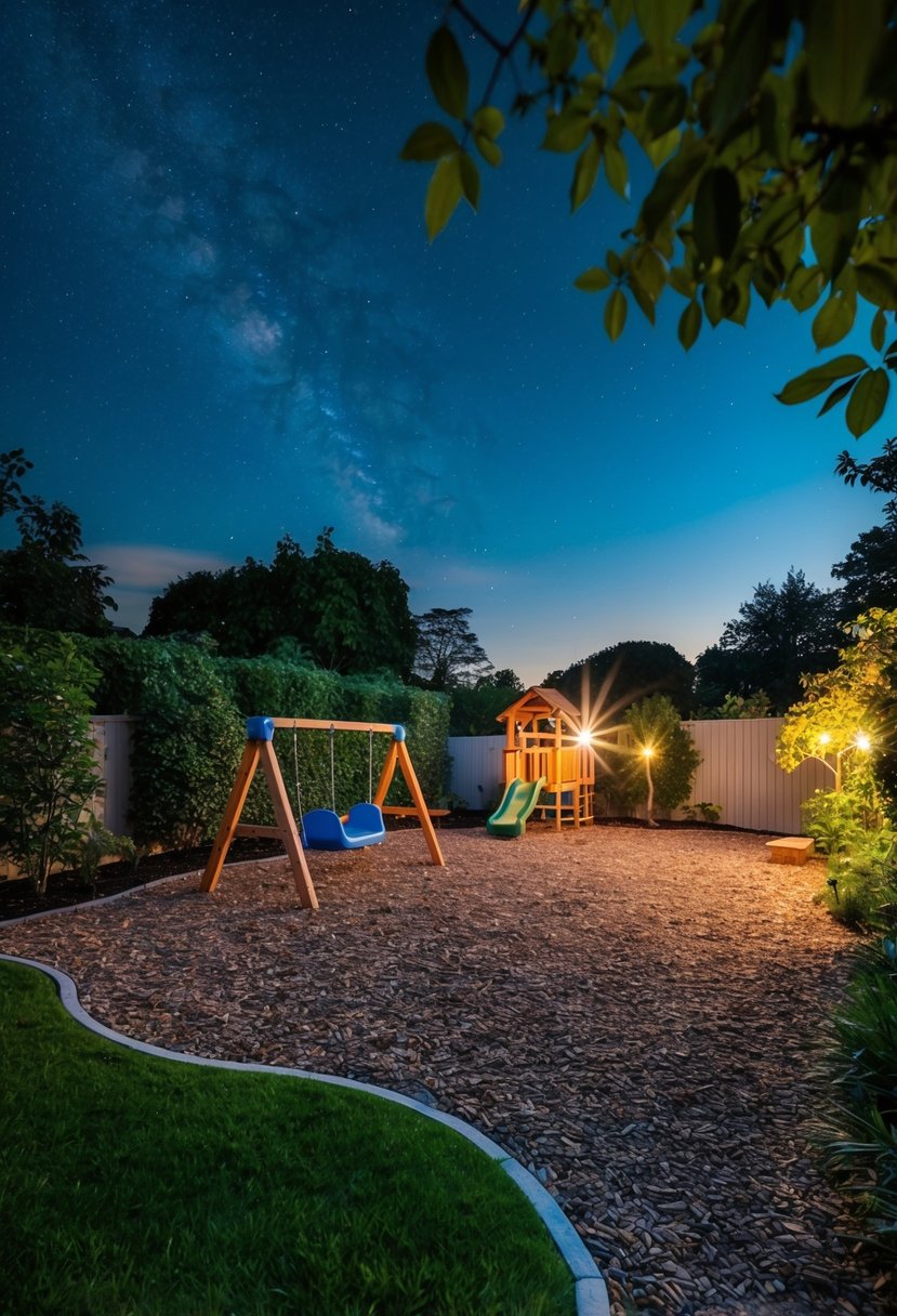 A starlit garden with a children's play area featuring a swing set surrounded by 30 gardens