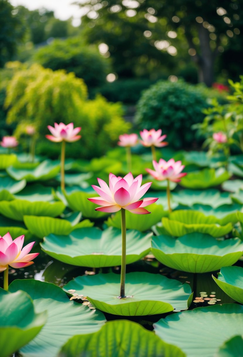 A serene lotus garden with a tranquil pond and lush greenery