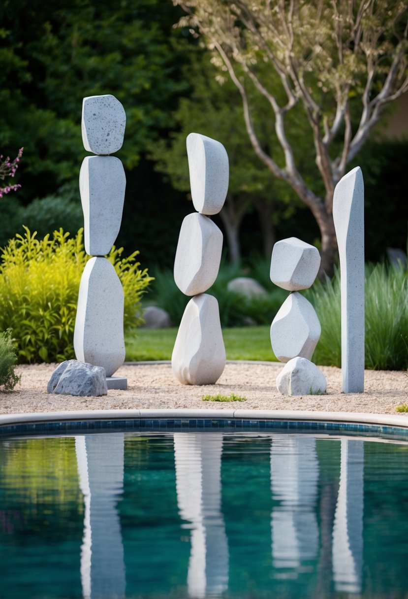 A group of abstract stone sculptures stand amidst a tranquil garden with various water features