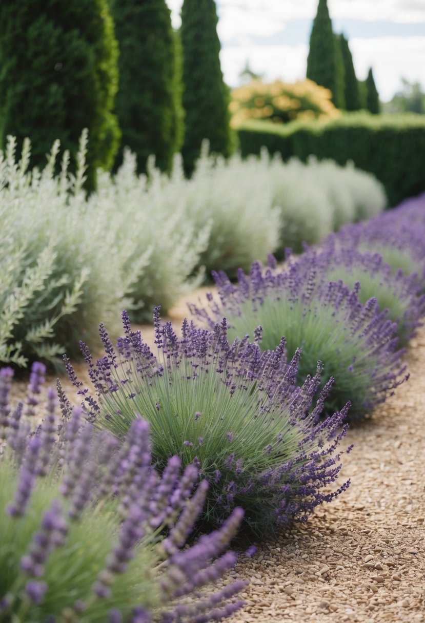 A serene garden with rows of vibrant lavender and eucalyptus plants, creating a harmonious and peaceful atmosphere