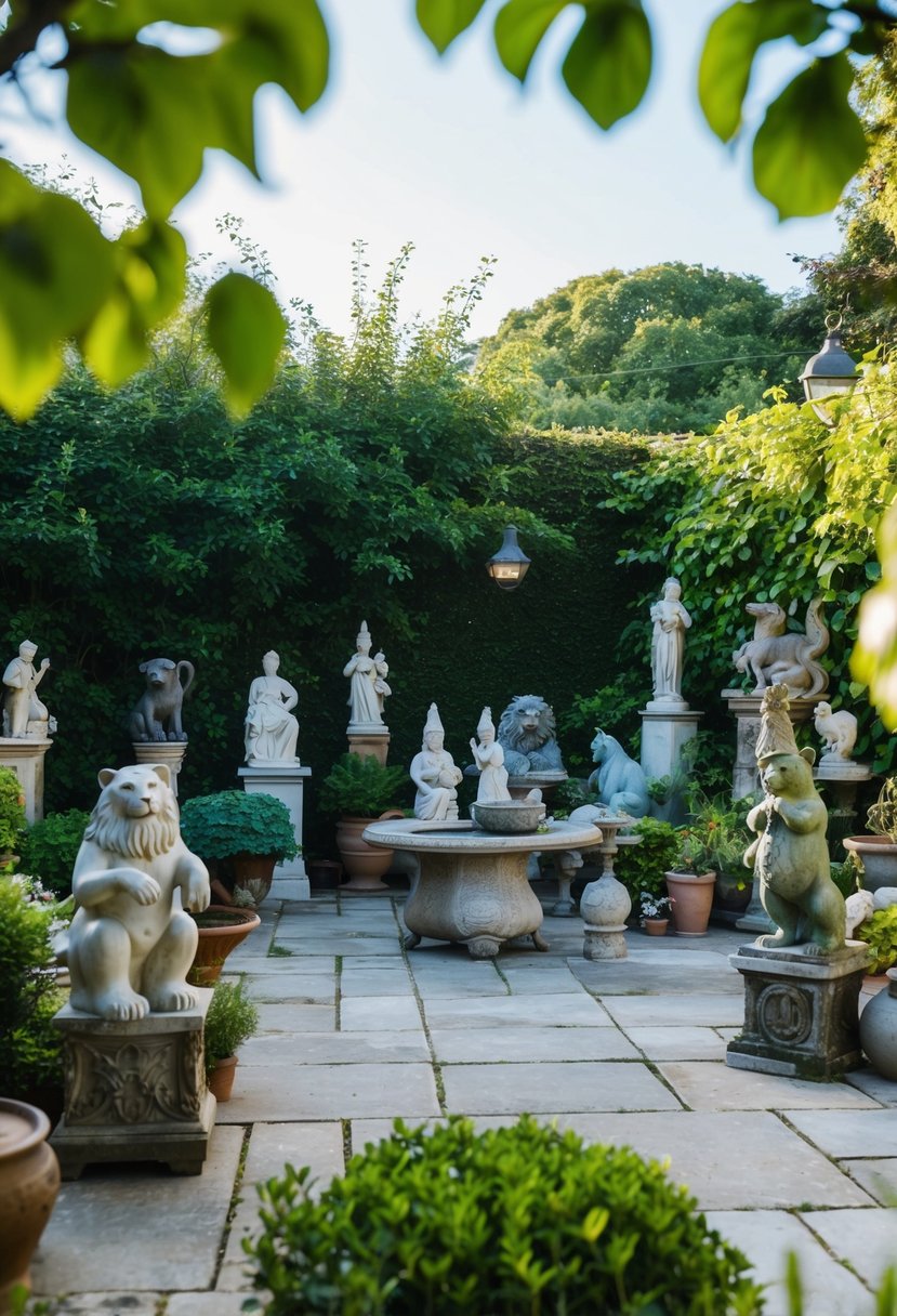 A lush garden with various statues, including animals, gnomes, and classical figures, scattered throughout a serene patio setting