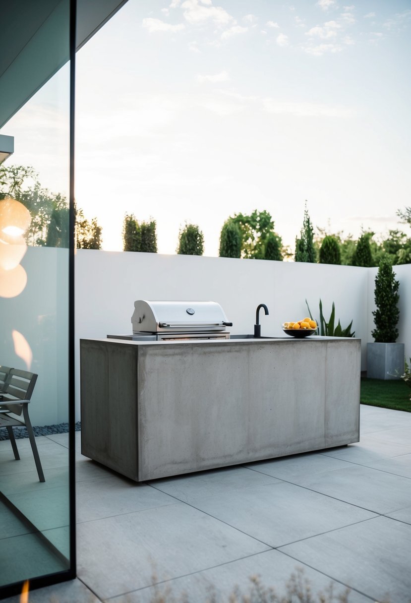 A sleek concrete BBQ counter stands in a minimalist patio setting, surrounded by clean lines and modern design elements