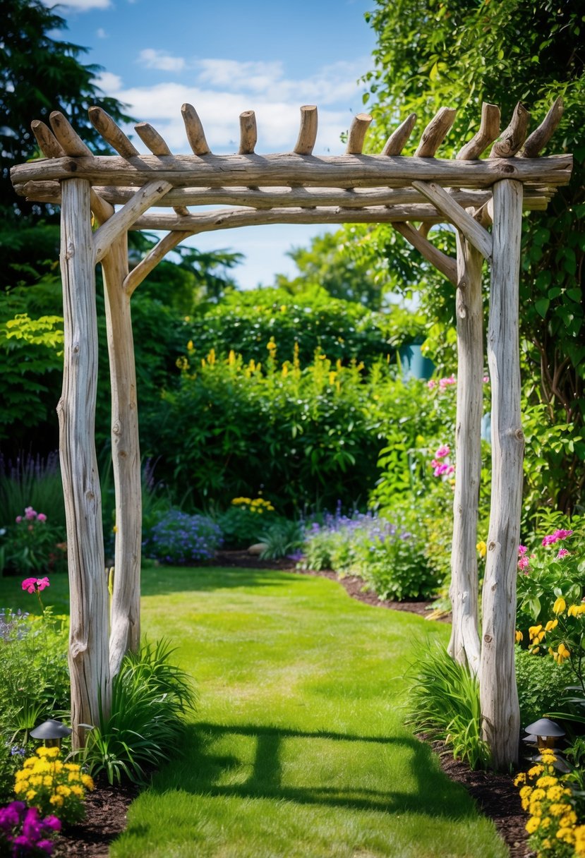 A rustic arbor made of weathered driftwood stands in a lush garden, surrounded by vibrant flowers and greenery. The sun casts dappled shadows across the scene
