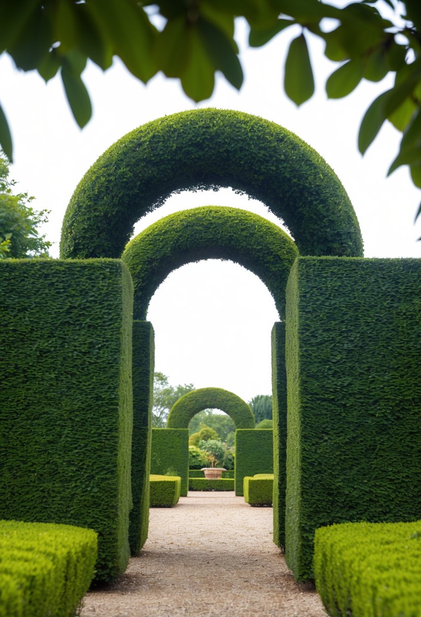 A topiary archway frames a garden entrance, with meticulously trimmed bushes forming an intricate and inviting passage