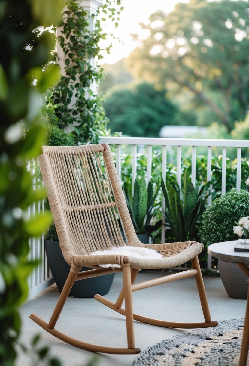 A cozy patio with a rope weave chair surrounded by lush greenery and soft lighting