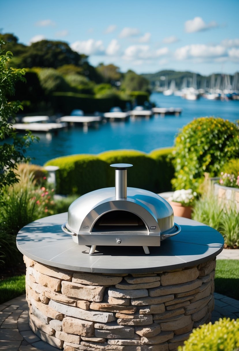 A lush garden setting with a stone tabletop featuring 27 outdoor kitchens, each equipped with a pizza oven, overlooking a serene harbor