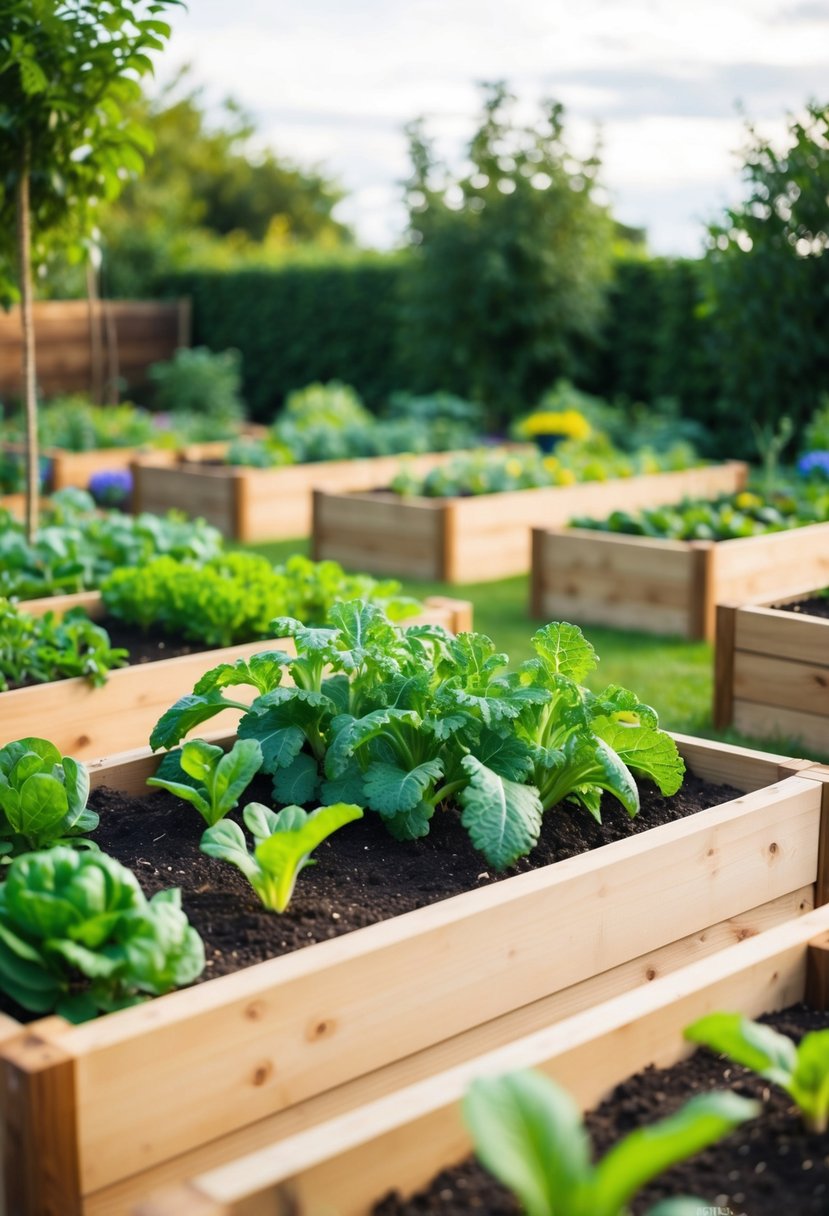 A raised garden bed with vegetables, surrounded by other similar beds in a neatly organized garden setting