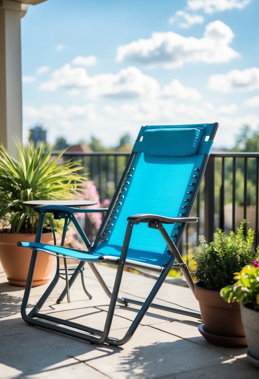 A folding sling chair sits on a sunny patio, surrounded by potted plants and a small table. The chair is positioned to take in the view