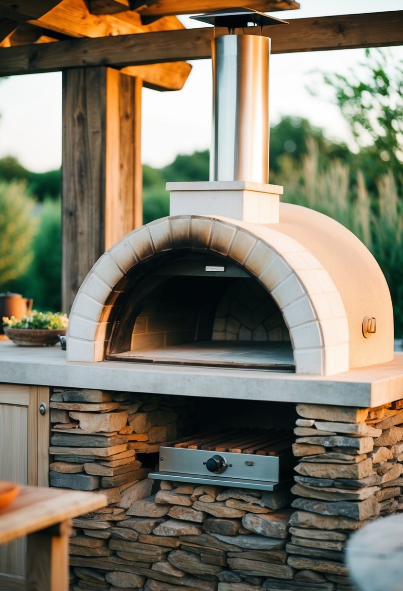 A rustic outdoor kitchen with a traditional Italian pizza oven surrounded by wood and stone