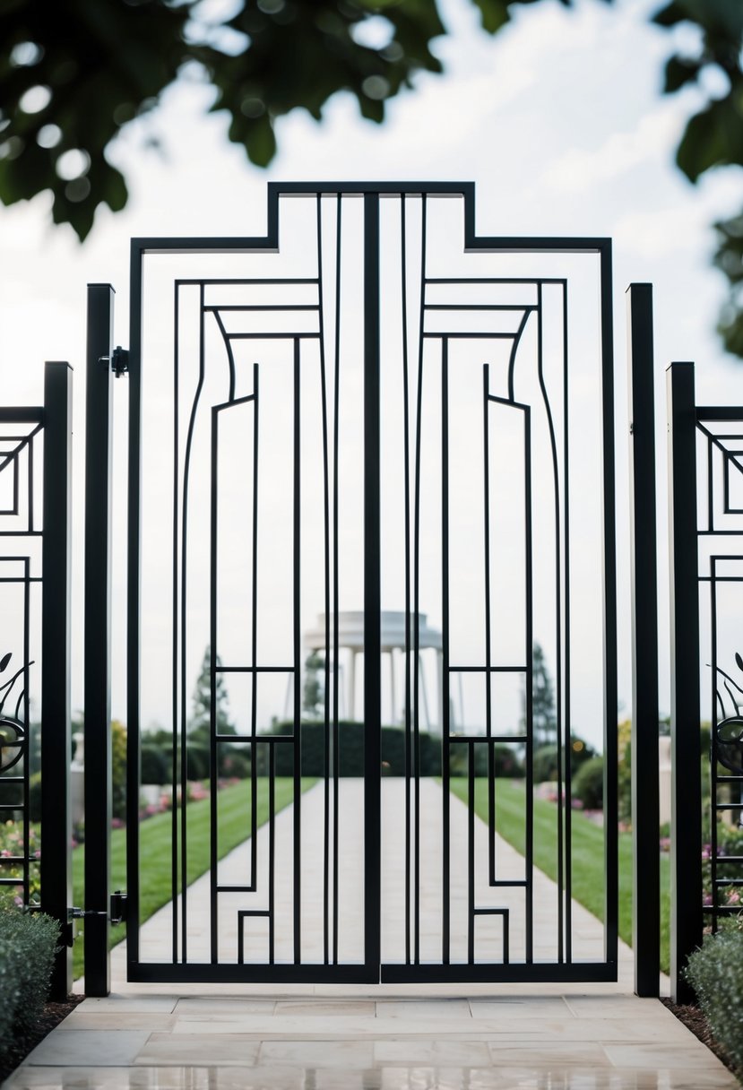 A grand, geometric garden gate with sleek lines and intricate patterns, inspired by the Art Deco movement